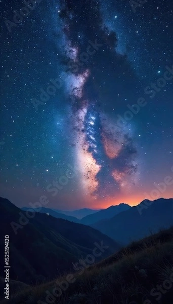 Obraz Vast, star-studded midnight sky blankets the landscape, a breathtaking panorama of celestial wonders  Perfect for astronomy, space travel, or nighttime serenity themes ,  midnight,  wonder