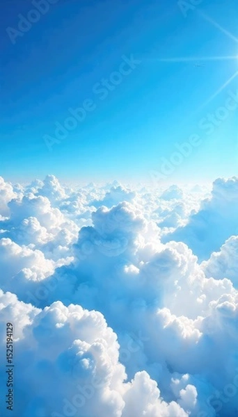 Obraz Vast expanse of fluffy white cumulus clouds drifting across a brilliant azure sky, a breathtaking summer day scene  Perfect for travel, nature, and weather-related projects ,  photograph,  air