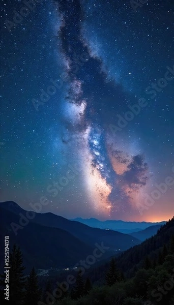 Obraz Vast, star-studded midnight sky blankets the landscape, a breathtaking panorama of celestial wonders  Perfect for astronomy, space travel, or nighttime serenity themes ,  tranquil,  texture
