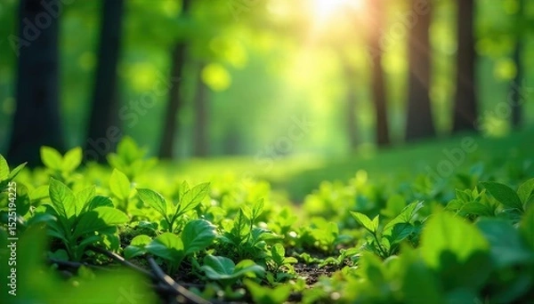 Obraz Vibrant green leaves bursting forth from a lush forest floor, sunlight dappling through the canopy A tranquil scene of natural beauty and springtime renewal , earth, environment, wood