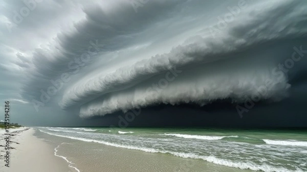 Fototapeta Imminent storm over the ocean with a dramatic shelf cloud formation