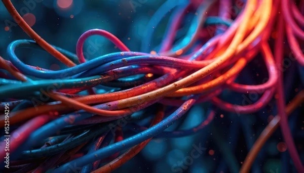 Obraz Vibrant, multicolored electrical wires and cables intertwined, creating an abstract, energetic composition  Perfect for projects needing a dynamic, electric feel ,  power grid,  colorful energy