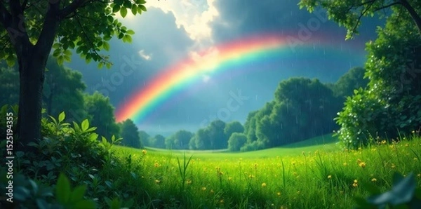 Obraz Vibrant rainbow streaks paint the sky during a summer downpour, glistening raindrops on lush green foliage A breathtaking display of nature's artistry , atmosphere, drops, foliage