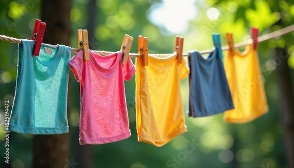 Obraz Vibrant summer laundry hanging on a rustic wooden clothesline, secured with colorful clothespins Perfect for nostalgic, homey, and clean living imagery , airy, housework