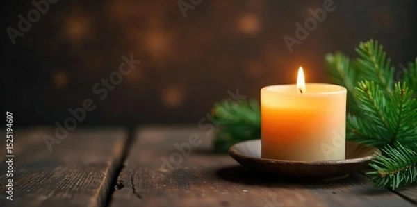 Obraz Warm, inviting glow of a pine-scented candle illuminating a rustic wooden surface  Perfect for holiday, winter, or cozy home decor themes ,  bokeh,  scented,  still life