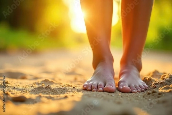 Obraz Warm sunlight bathes the scene as bare feet playfully press into soft, sun-baked earth, toes splayed in carefree relaxation on a beautiful summer's day ,  outdoor,  toes