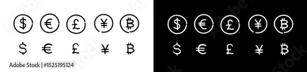 Fototapeta Doodle currency symbol icons set line. Money sign collection of currency icons. Dollar, Euro, British Pound, Chinese Yuan and Bitcoin symbol illustration.