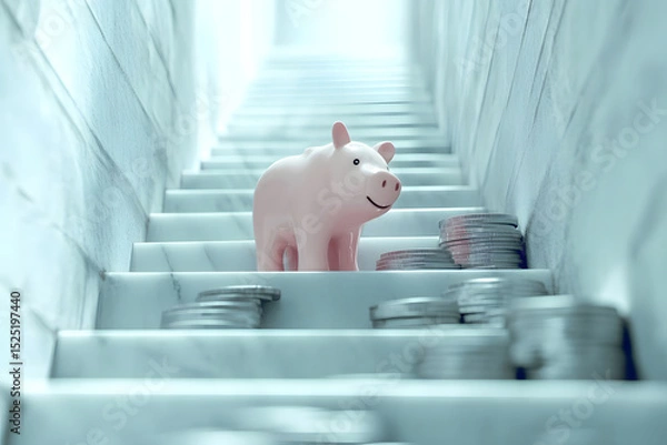Obraz Piggy Bank Climbing Marble Stairs with Coins. Concept of Financial Growth, Saving Steps, and Investment Journey
