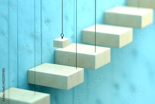 Obraz Floating Wooden Steps on Blue Background. Risk, Growth and Uncertainty Concept in Business and Investment