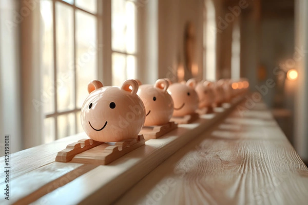 Obraz Smiling Piggy Banks Aligned on Wooden Track. Concept of Saving Journey, Financial Planning, and Consistency