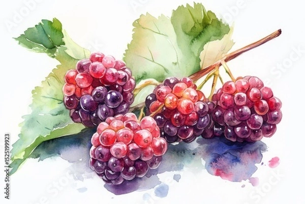 Obraz Luscious watercolor mulberries, rich red and purple hues, glistening with dew. delightful summer harvest