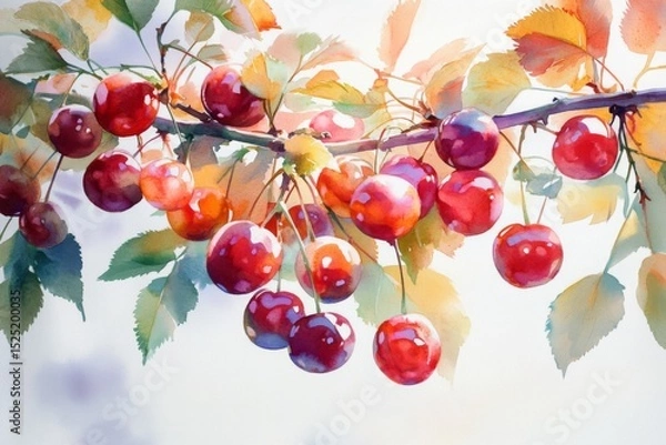 Obraz Vibrant watercolor painting of ripe cherries hanging from branch, evoking sense of summer sweetness and juicy freshness