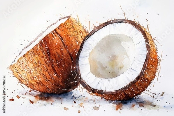 Obraz Watercolor painting of two halves of coconut, showcasing creamy white flesh and brown shell refreshing tropical image