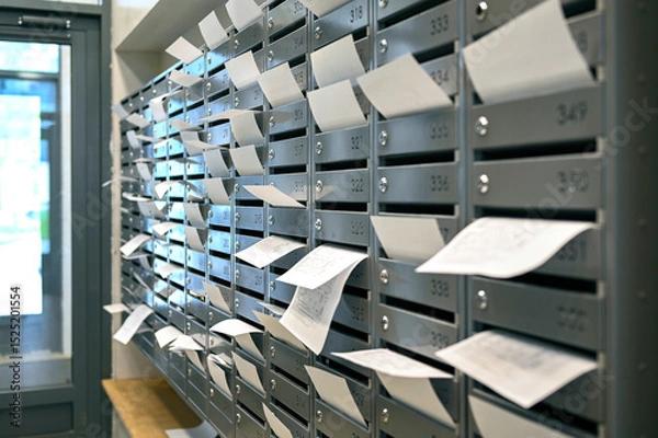 Obraz Rows of mailboxes with many paper utility bills
