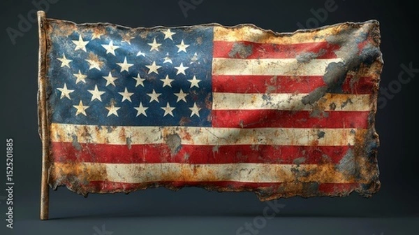 Obraz A Weathered American flag vintage patriotic aged faded red white blue stars stripes metal rusty textured distressed history USA flag symbol