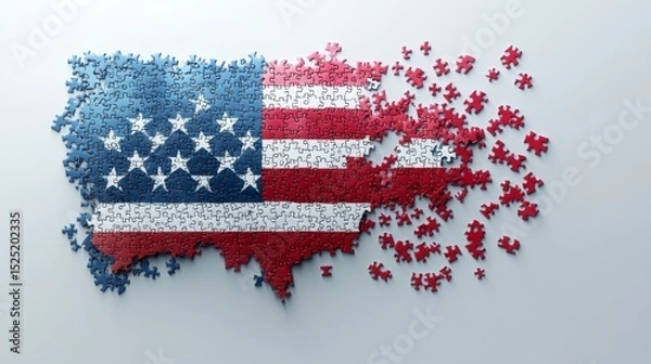 Obraz A Patriotic puzzle USA flag unity puzzle pieces 3D American flag red white blue star stripe textured fragmented distressed symbol nation country