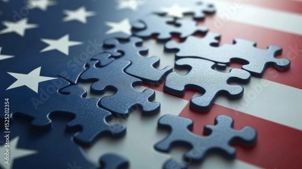Obraz A Patriotic puzzle USA flag unity puzzle pieces 3D American flag red white blue star stripe textured fragmented distressed symbol nation country