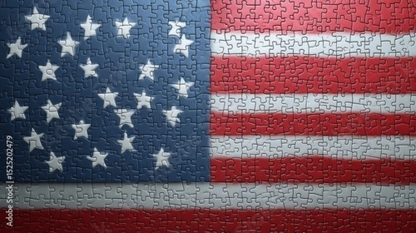 Obraz A Patriotic puzzle USA flag unity puzzle pieces 3D American flag red white blue star stripe textured fragmented distressed symbol nation country