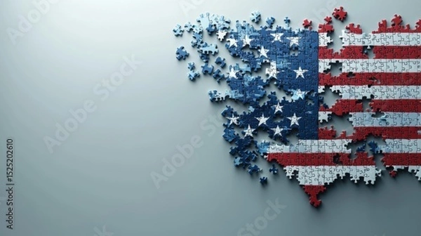 Obraz A Patriotic puzzle USA flag unity puzzle pieces 3D American flag red white blue star stripe textured fragmented distressed symbol nation country