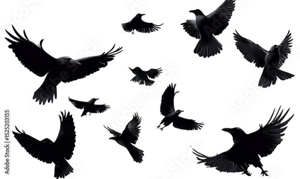 Fototapeta flock of flying crows , png file of isolated cutout object on transparent white background in PNG format. 