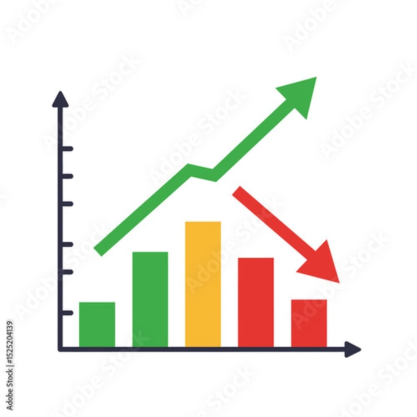 Fototapeta Red arrow going down stock icon on white background. Decrease, Bankruptcy, financial market crash icon for your web site design, logo, app, UI. graph chart downtrend symbol. chart going down sign.