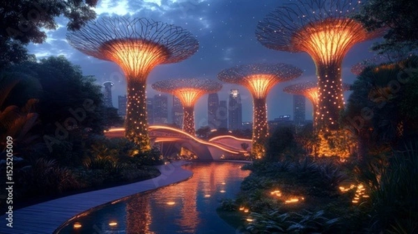 Obraz Serene Singapore cityscape at twilight vibrant lights reflecting on water