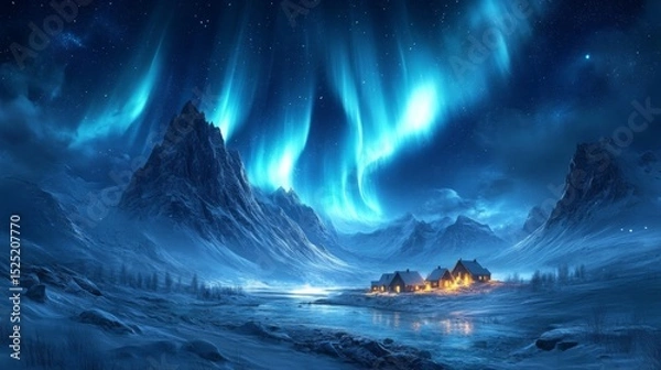 Obraz Serene Icelandic cottages bathed in ethereal glow of Aurora Borealis breathtaking winter night scene
