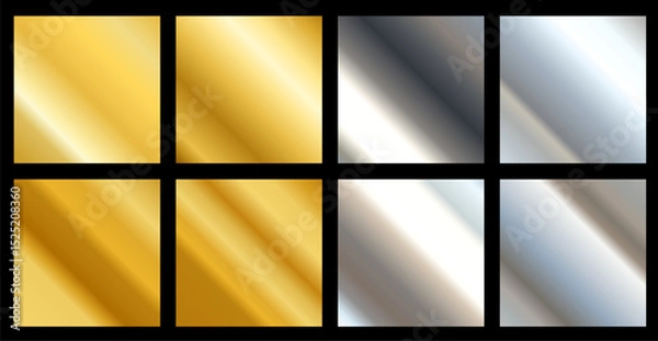 Obraz Vector set of different silver and golden foil metallic texture gradation for border, ribbon, frame. Background set. 3d realistic style design of steel and yellow gold shiny gradient with stripe