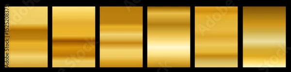 Fototapeta Vector background set. Set of different golden foil metallic texture gradation. 3d realistic style design of yellow gold shiny gradient with stripe for border, ribbon, frame