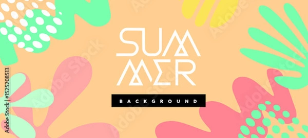 Fototapeta Vector summer illustration. Flat creative cartoon retro style design of summer template with tropical leaves. Geometric seasonal background with abstract shape and text