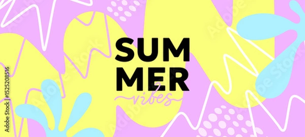 Fototapeta Vector seasonal illustration. Flat creative cartoon retro style design of summer template with tropical leaves and line. Geometric background with abstract shape and summer text