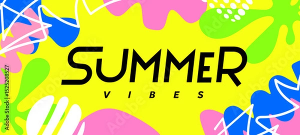 Fototapeta Vector cartoon illustration of summer geometric tropical background with abstract shape. Flat creative seasonal style design of bright template with line and summer text