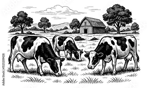 Fototapeta Engraving illustration of three cows grazing in a meadow with barn and trees
