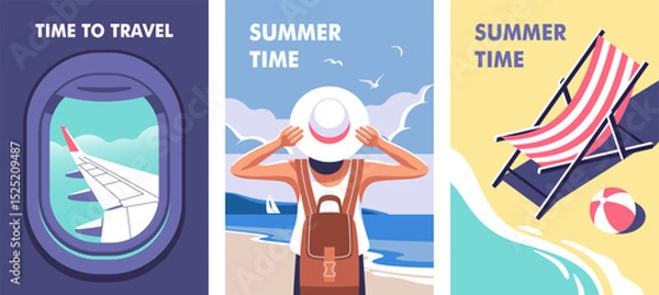 Obraz Concept of summer party, vacation and travel. Perfect backgrounds on the theme of season vacation, weekend on beach. Vector illustrations in minimalistic style for posters, cover art, flyer