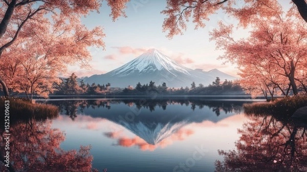 Obraz Serene Mount Fuji reflected in Lake Kawaguchi, framed by blossoming cherry trees peaceful scene