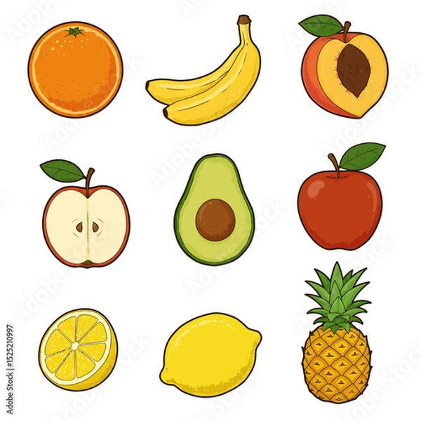Obraz Assortment of different fruits and berries, flat lay, top view, apple, strawberry, pomegranate, mango, avocado, orange, lemon, kiwi, peach isolated on white background