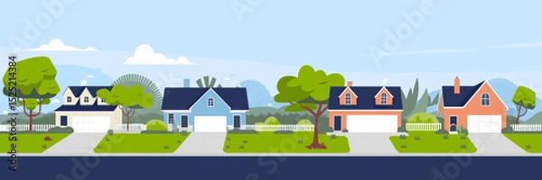 Obraz Vector illustration of suburban neighborhood with white picket fences varied houses and trees – ideal for family life, housing market, and neighborhood community themes