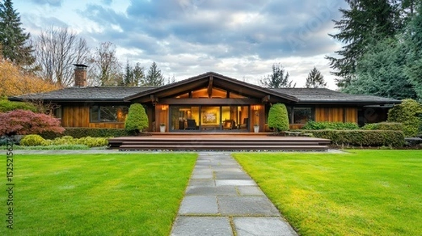Fototapeta Ranch-style house with a low-profile design and wide porch