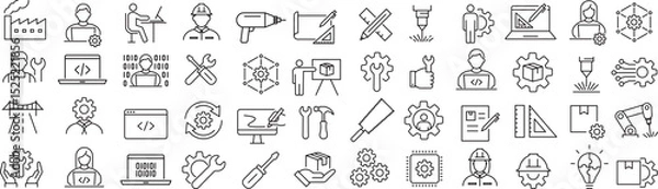 Obraz ベクターでモノクロのエンジニアリングに関する線画アイコンセット
