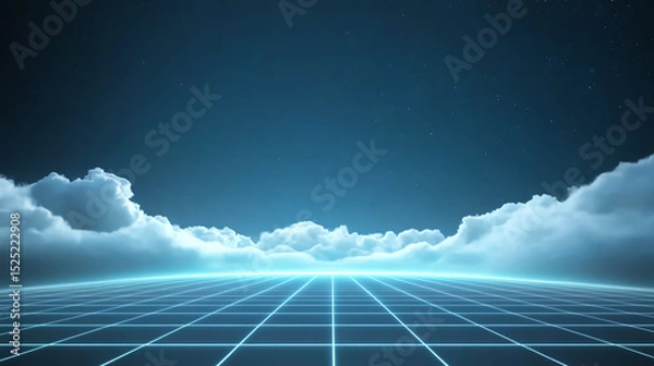 Fototapeta A digital landscape featuring a horizon of clouds under a futuristic blue sky with grid lines, symbolizing innovation and vision.