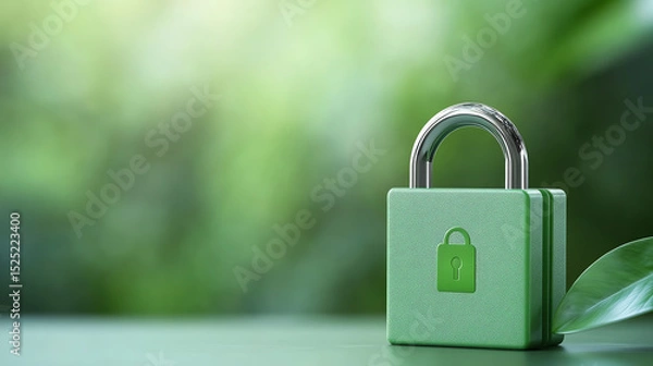 Fototapeta A green padlock symbolizing security and privacy in a natural environment, reflecting the harmony between technology and nature.