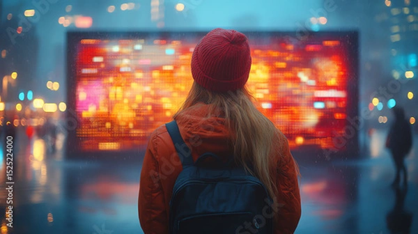 Fototapeta A person in a vibrant urban setting, immersed in the colorful glow of neon lights, showcasing modern city life and exploration.