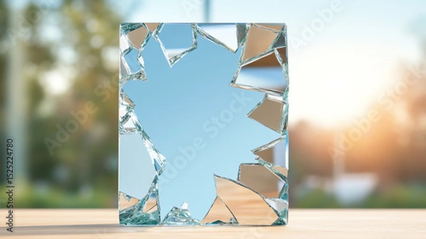 Fototapeta A shattered mirror reflects sunlight, symbolizing broken dreams and new beginnings amidst a serene outdoor backdrop.