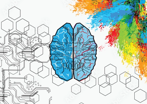 Fototapeta abstract vector brain left and right with circuit and splash color for human concept. Creative and logic for brain concept background. illustration vector design