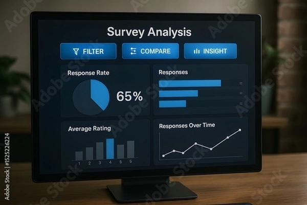 Fototapeta Computer screen shows survey analysis dashboard with response rate, charts, and filters in a professional setting. Concept of data-driven insight and feedback analytics.