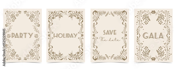 Obraz Retro flower and leaves frame background in wavy line style for vertical A4 design