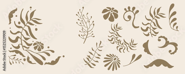 Obraz Retro flower and leaves border element object in wavy line style