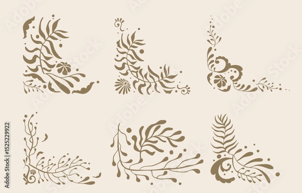 Obraz Retro flower and leaves border element object in wavy line style