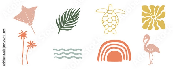 Obraz summer beach element object with rainbow,turtle,sun,flamingo