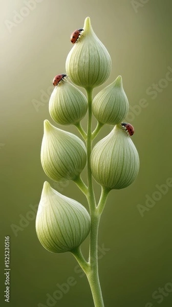 Fototapeta Close view of ladybugs sitting atop buds of a plant. A spring scene with natural background for gardening projects.